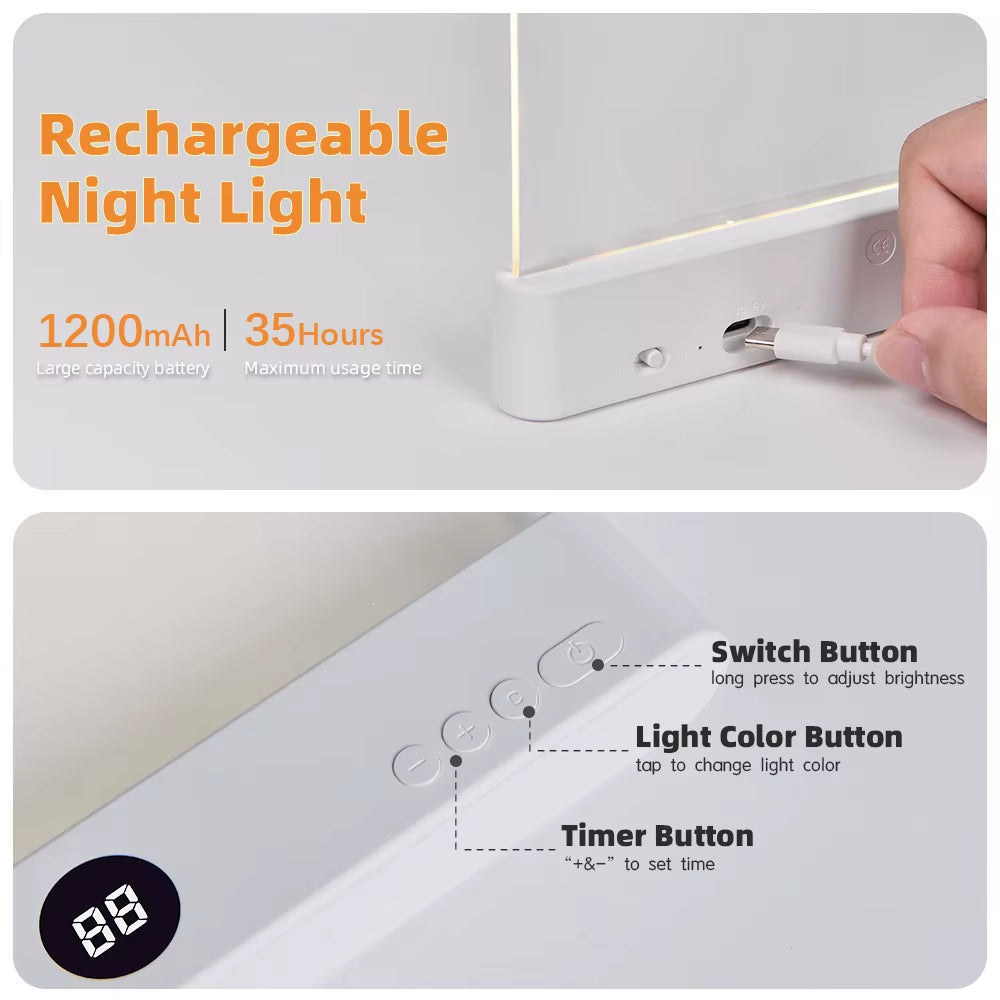 Smart Led Reading Light, Book Lights at Night, Rechargeable Clear Flat Reading Lights with 3 Colors & Timer, Eye-Friendly Glow